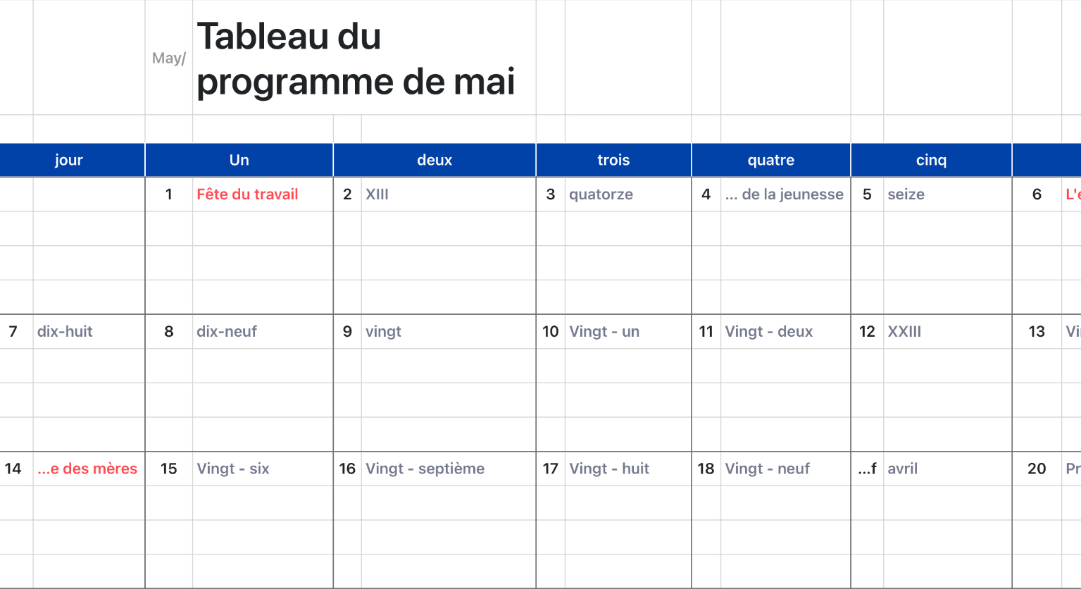 Tableau du programme mensuel